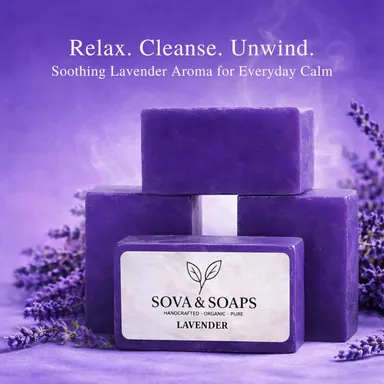Sova & Soaps Premium Lavender Handcrafted Herbal Soap Bar | Set of 4 | 100% Organic & Pure Natural Moisturizing p for Gentle Cleansing, Skin Refreshment & Aromatherapy Relaxation | Vegan & Sulfate-Free Daily Body Wash for All Skin Types thumbnail 3