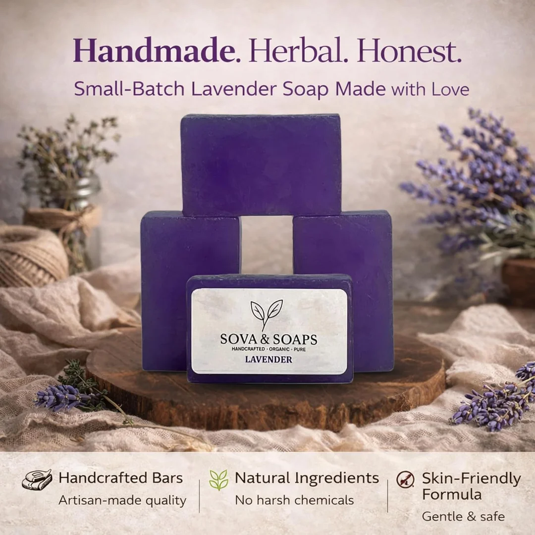 Sova & Soaps Premium Lavender Handcrafted Herbal Soap Bar | Set of 4 | 100% Organic & Pure Natural Moisturizing p for Gentle Cleansing, Skin Refreshment & Aromatherapy Relaxation | Vegan & Sulfate-Free Daily Body Wash for All Skin Types image 5