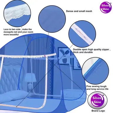 Foldable King Size Mosquito Net for Double Bed with Zipper Entry Breathable Polyester Mesh Insect Protection Tent Dark Blue Blue Washable thumbnail 1