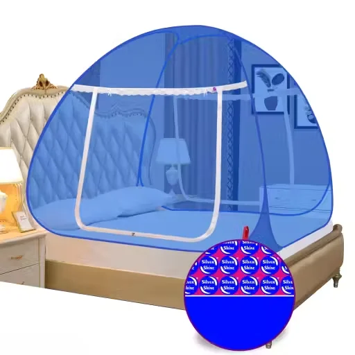 Foldable King Size Mosquito Net for Double Bed with Zipper Entry Breathable Polyester Mesh Insect Protection Tent Dark Blue Blue Washable image 4