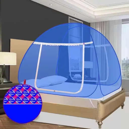 Foldable King Size Mosquito Net for Double Bed with Zipper Entry Breathable Polyester Mesh Insect Protection Tent Dark Blue Blue Washable image 1