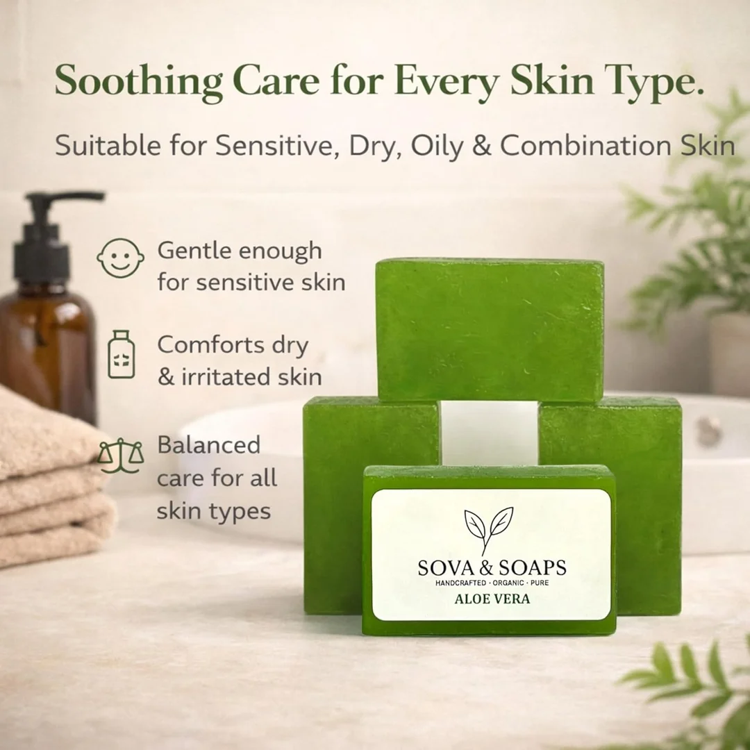 Sova & Soaps Aloe Vera Moisturizing Soap Bars Value Pack of 4 | All‑Natural pH Balanced Herbal Formula for Sensitive Skin Daily Body Care Moisture Retention Refreshing Cleanse image 4