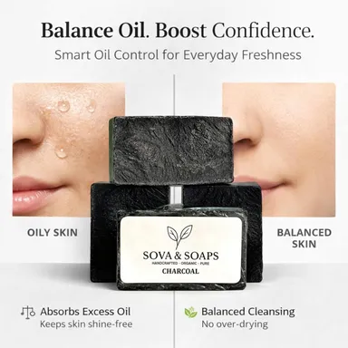 Sova & Soaps Handcrafted Activated Charcoal Detox Soap Bar (Pack of 2) | Organic Herbal Bath Soap for Deep Pore Cleansing, Natural Moisturizing & Skin Refreshment – Pure & Gentle for All Skin Types (100g each) thumbnail 1