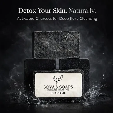 Sova & Soaps Handcrafted Activated Charcoal Detox Soap Bar (Pack of 2) | Organic Herbal Bath Soap for Deep Pore Cleansing, Natural Moisturizing & Skin Refreshment – Pure & Gentle for All Skin Types (100g each) thumbnail 0