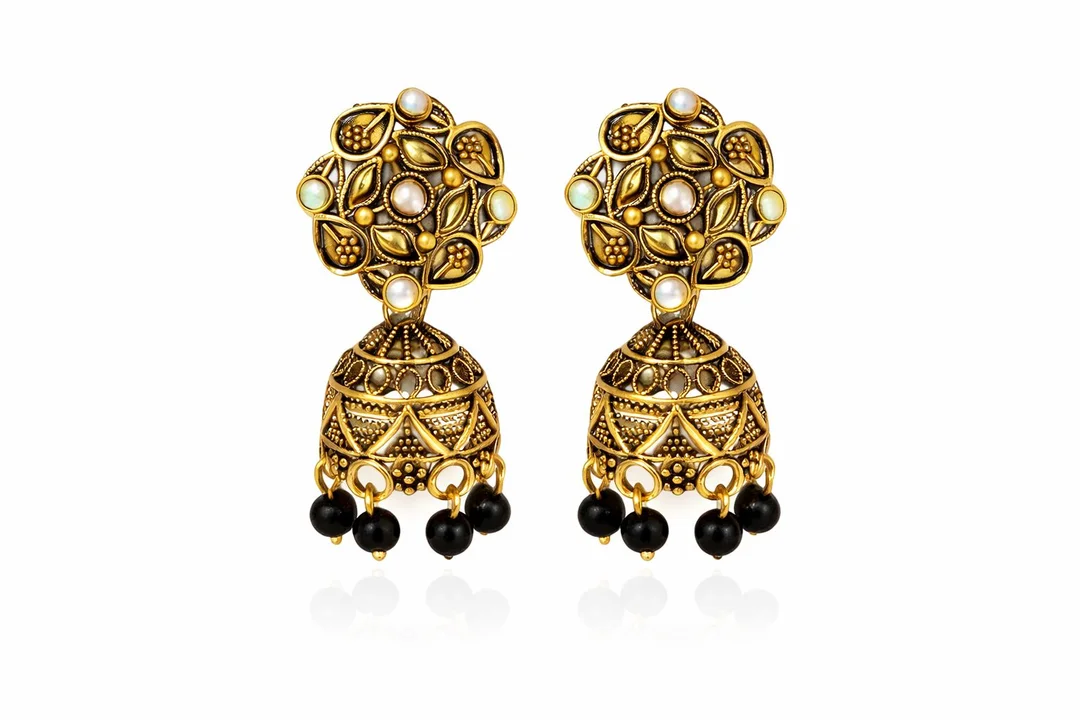 Cartivon Antique Gold-Plated Traditional Floral Jhumka Earrings with Pearl Accents and Black Bead Drops image 2