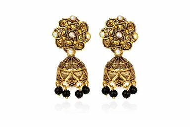 Cartivon Antique Gold-Plated Traditional Floral Jhumka Earrings with Pearl Accents and Black Bead Drops thumbnail 1