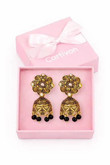 Cartivon Antique Gold-Plated Traditional Floral Jhumka Earrings with Pearl Accents and Black Bead Drops thumbnail 0