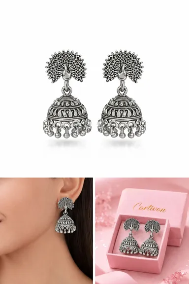 Oxidized Silver Peacock Motif Handcrafted Jhumka Earrings with Intricate Filigree and Bead Droplets thumbnail 1