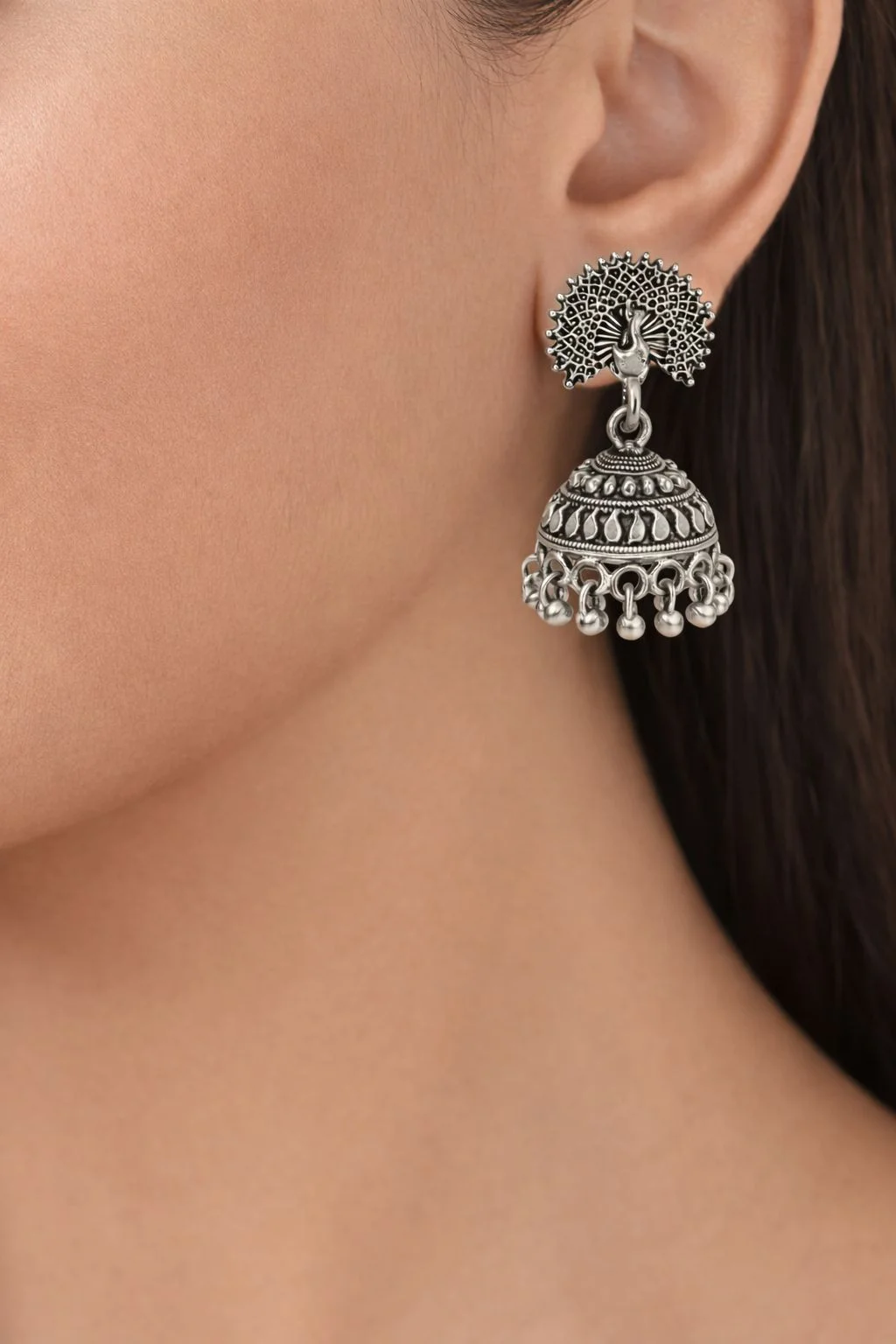 Oxidized Silver Peacock Motif Handcrafted Jhumka Earrings with Intricate Filigree and Bead Droplets image 3