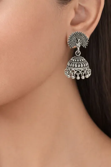 Oxidized Silver Peacock Motif Handcrafted Jhumka Earrings with Intricate Filigree and Bead Droplets thumbnail 2