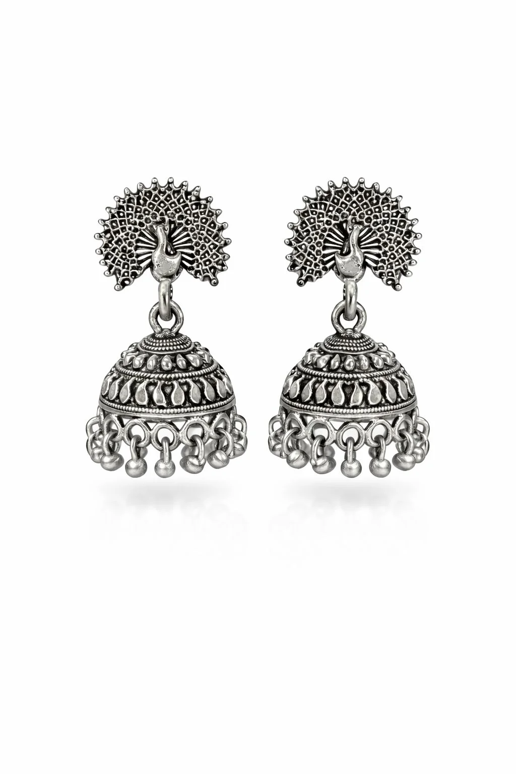 Oxidized Silver Peacock Motif Handcrafted Jhumka Earrings with Intricate Filigree and Bead Droplets image 1