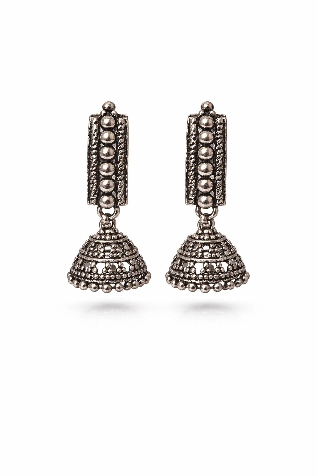Oxidized Silver-Toned Rectangular Stud Jhumka Earrings with Intricate Filigree and Beaded Detailing image 1