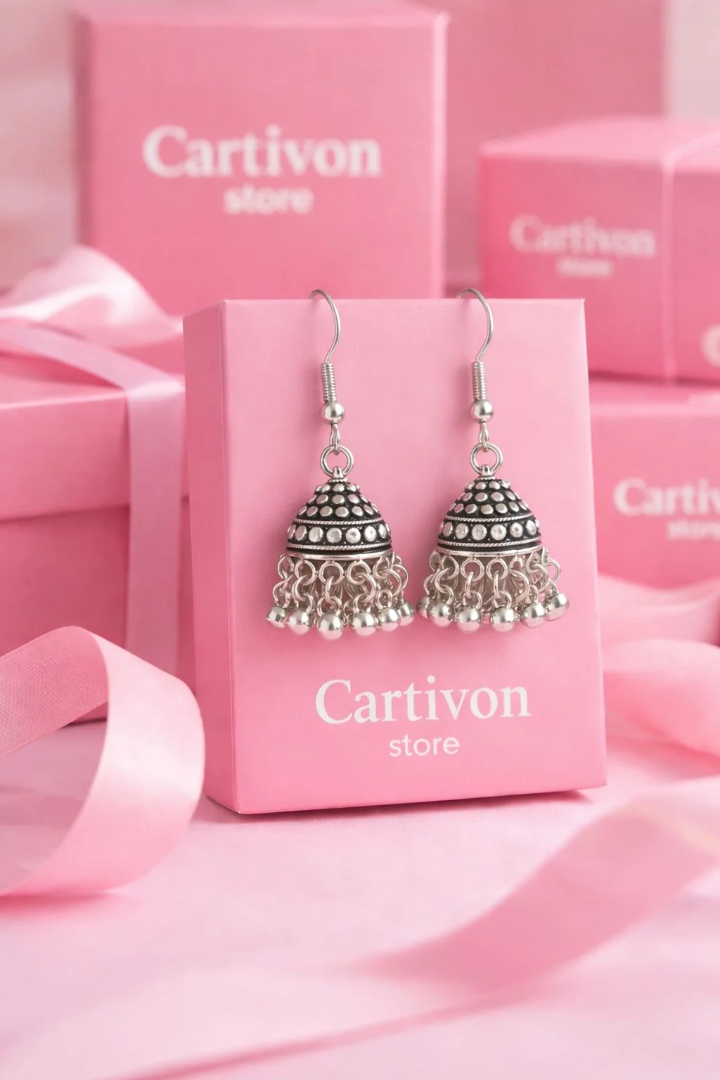 Antique Oxidized Silver|Toned Traditional Jhumka Earrings with Embossed Beadwork and Cascading Ghungroo Droplets image 2