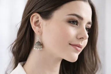 Antique Oxidized Silver|Toned Traditional Jhumka Earrings with Embossed Beadwork and Cascading Ghungroo Droplets thumbnail 2