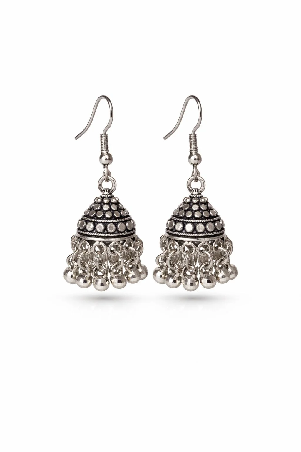 Antique Oxidized Silver|Toned Traditional Jhumka Earrings with Embossed Beadwork and Cascading Ghungroo Droplets image 1