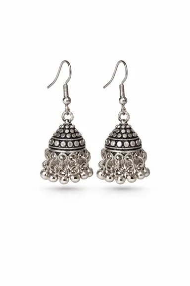 Antique Oxidized Silver|Toned Traditional Jhumka Earrings with Embossed Beadwork and Cascading Ghungroo Droplets thumbnail 0