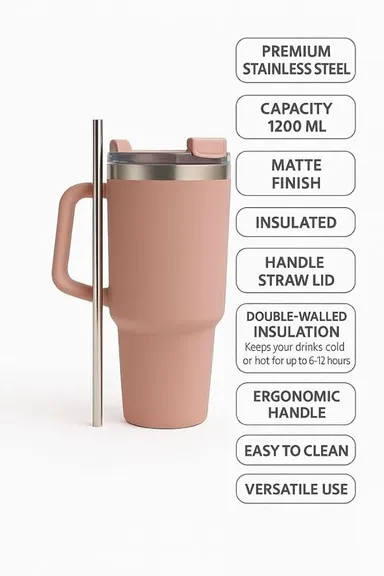 Digital Wave 1200ml Stainless Steel Vacuum Insulated Tumbler with Handle & Straw Leak‑Proof Travel Mug Hot Cold Reusable Cup Large Capacity Double Wall India thumbnail 2