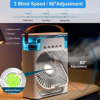 Digital Wave Mini USB Air Cooler |Desk Fan with 7-Color LED, 3 Wind Speeds, 3 Spray Modes, 1/2/3H Timer for Office Home Dorm Travel thumbnail 3