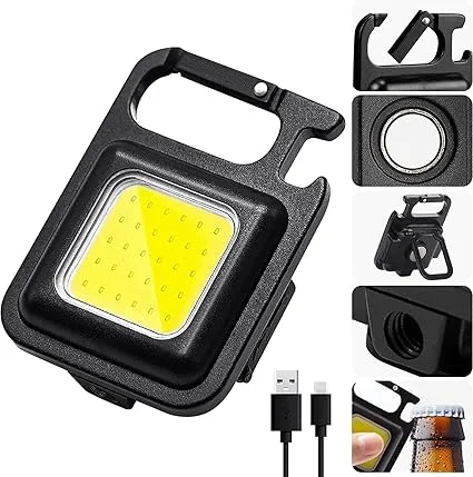 Rechargeable Keychain LED Flashlight Multifunction 800 Lumens COB Portable Emergency Light with USB Charging, Whistle, Screwdriver, Bottle Opener, Lighter & Magnet Base for Camping Outdoor Survival image 2