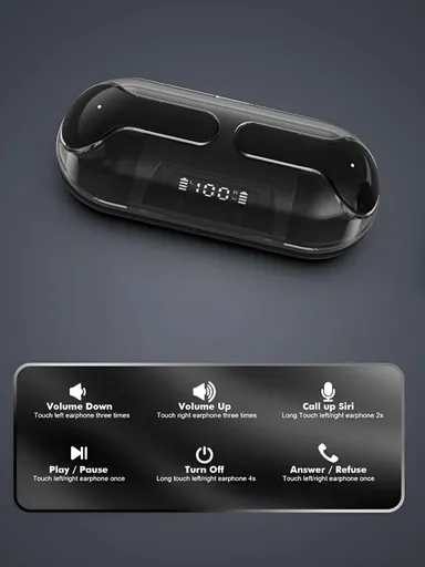 Digital Wave S10 Bluetooth Earbuds with Display| Transparent Design, 30 Hrs Playtime, Fast Charging, Bluetooth 5.3 + ENC, 13mm HD Bass Drivers, IPX7 Sweat-Proof, Built-in Mic |Black thumbnail 2