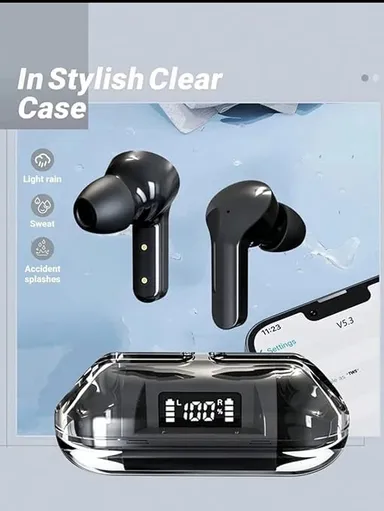 Digital Wave S10 Bluetooth Earbuds with Display| Transparent Design, 30 Hrs Playtime, Fast Charging, Bluetooth 5.3 + ENC, 13mm HD Bass Drivers, IPX7 Sweat-Proof, Built-in Mic |Black thumbnail 3