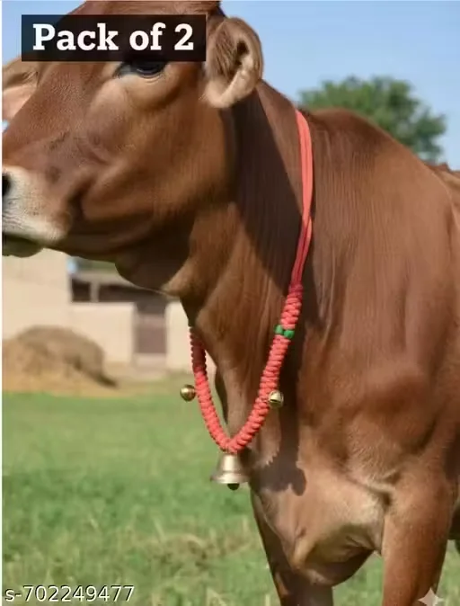 Premium Traditional Cow Shringar Red Handwoven Decorative Neck Cord with Brass Temple Bells for Gau Poojan, Religious Ceremonies & Village Festivals 2 pice image 3