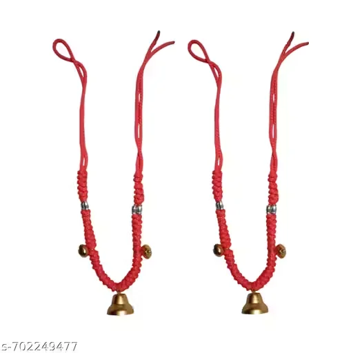 Premium Traditional Cow Shringar Red Handwoven Decorative Neck Cord with Brass Temple Bells for Gau Poojan, Religious Ceremonies & Village Festivals 2 pice image 4