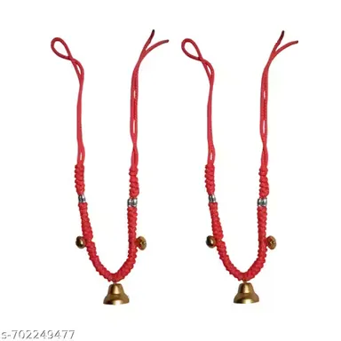 Premium Traditional Cow Shringar Red Handwoven Decorative Neck Cord with Brass Temple Bells for Gau Poojan, Religious Ceremonies & Village Festivals 2 pice thumbnail 3