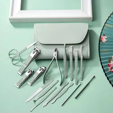 Digital Wave 16 Pieces Stainless Steel Manicure Pedicure Nail Clipper Kit with Professional Grooming Tools, Scissors, Tweezers, Cuticle Pusher and Portable Travel Case for Men Women Home Salon Use thumbnail 1