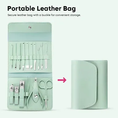 Digital Wave 16 Pieces Stainless Steel Manicure Pedicure Nail Clipper Kit with Professional Grooming Tools, Scissors, Tweezers, Cuticle Pusher and Portable Travel Case for Men Women Home Salon Use thumbnail 2