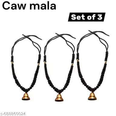 Set of 3 Traditional Black Cow Mala with Handcrafted Brass Bell Pendant Authentic Indian Cattle Neckpieces for Religious Festivals Housewarming Ceremonies and Auspicious Pooja Decorations thumbnail 2