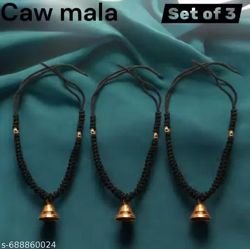 Set of 3 Traditional Black Cow Mala with Handcrafted Brass Bell Pendant Authentic Indian Cattle Neckpieces for Religious Festivals Housewarming Ceremonies and Auspicious Pooja Decorations image 1