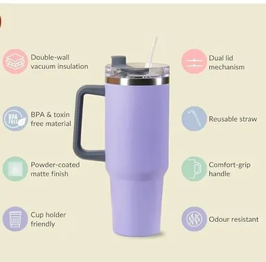 Digital Wave 1200ML Stainless Steel Vacuum Insulated Tumbler with Handle & Straw, Double Wall Thermal Travel Mug for Hot & Cold Drinks, Multicolour Large Capacity Reusable Cup thumbnail 1