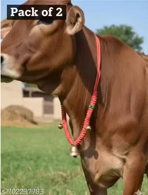 Set of 2 Traditional Red Braided Cow Necklaces with Brass Ghanti Bells and Melodious Sounding Decorative Mala for Cattle Bulls Buffaloes or Religious Puja Decor Ornaments image 3