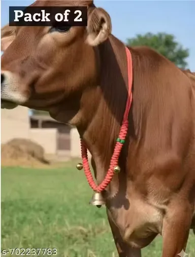 Set of 2 Traditional Red Braided Cow Necklaces with Brass Ghanti Bells and Melodious Sounding Decorative Mala for Cattle Bulls Buffaloes or Religious Puja Decor Ornaments thumbnail 2