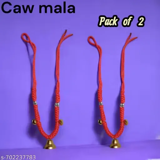 Set of 2 Traditional Red Braided Cow Necklaces with Brass Ghanti Bells and Melodious Sounding Decorative Mala for Cattle Bulls Buffaloes or Religious Puja Decor Ornaments image 4