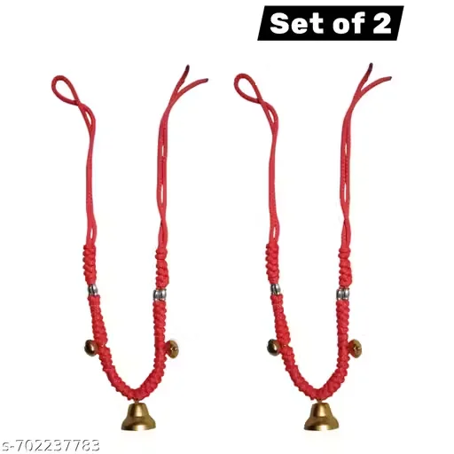 Set of 2 Traditional Red Braided Cow Necklaces with Brass Ghanti Bells and Melodious Sounding Decorative Mala for Cattle Bulls Buffaloes or Religious Puja Decor Ornaments image 1