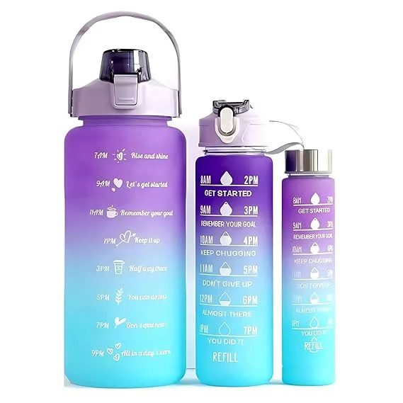 Digital wave 3-in-one Motivational Water Bottle Set 2L + 750ml + 250ml with Time Marker Leak-Proof BPA-Free Sipper Handles Gym Office Outdoor Hydration Tracker Bottle Set Multicolor image 2
