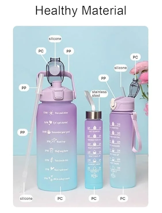 Digital wave 3-in-one Motivational Water Bottle Set 2L + 750ml + 250ml with Time Marker Leak-Proof BPA-Free Sipper Handles Gym Office Outdoor Hydration Tracker Bottle Set Multicolor image 3