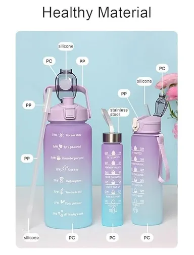 Digital wave 3-in-one Motivational Water Bottle Set 2L + 750ml + 250ml with Time Marker Leak-Proof BPA-Free Sipper Handles Gym Office Outdoor Hydration Tracker Bottle Set Multicolor thumbnail 2