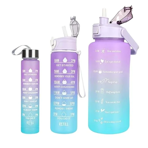 Digital wave 3-in-one Motivational Water Bottle Set 2L + 750ml + 250ml with Time Marker Leak-Proof BPA-Free Sipper Handles Gym Office Outdoor Hydration Tracker Bottle Set Multicolor image 1