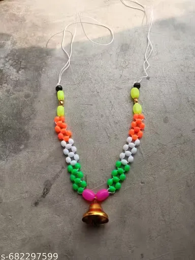 Multicoloured Cow Garland Set of 3 with Decorative Brass Bells | Traditional Plastic Beaded Ram ji for Gausala Puja Festival and Wedding Cattle Accessories | Pack of 3 Vibrant Orange White Green Pink Beaded Necklaces with Polished Ghungroo Bell for Cows thumbnail 2