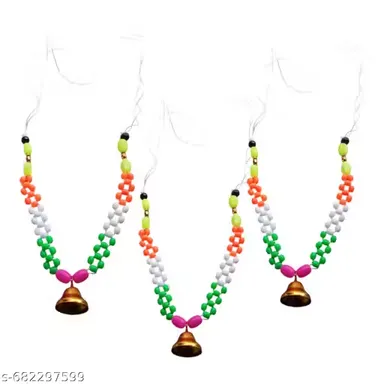 Multicoloured Cow Garland Set of 3 with Decorative Brass Bells | Traditional Plastic Beaded Ram ji for Gausala Puja Festival and Wedding Cattle Accessories | Pack of 3 Vibrant Orange White Green Pink Beaded Necklaces with Polished Ghungroo Bell for Cows thumbnail 3