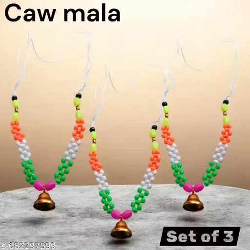 Multicoloured Cow Garland Set of 3 with Decorative Brass Bells | Traditional Plastic Beaded Ram ji for Gausala Puja Festival and Wedding Cattle Accessories | Pack of 3 Vibrant Orange White Green Pink Beaded Necklaces with Polished Ghungroo Bell for Cows image 1