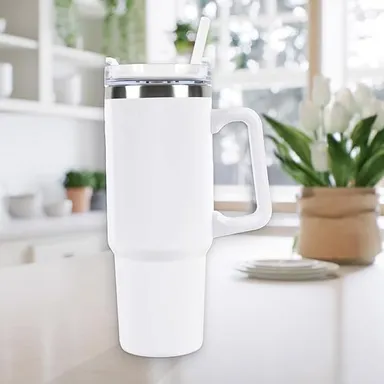 Digital Wave 1200ml Stainless Steel Insulated Travel Mug Tumbler with Handle, Spill Proof Lid, Steel Straw, Double Wall Vacuum Flask for Beer, Coffee & Cold Drinks, Pink White Black thumbnail 1