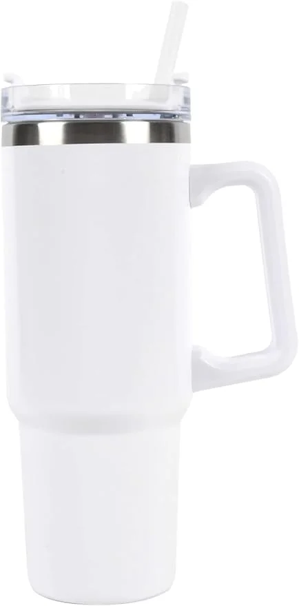 Digital Wave 1200ml Stainless Steel Insulated Travel Mug Tumbler with Handle, Spill Proof Lid, Steel Straw, Double Wall Vacuum Flask for Beer, Coffee & Cold Drinks, Pink White Black image 1
