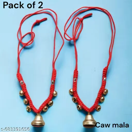 Traditional Brass Cow Bells with Red Macramé Thread Necklace Decorative Ghungroo Accents Hanging Pooja Bell Set for Cattle Cows Bulls and Rustic Home Wall Decor Ornaments| Pack of 2 image 1