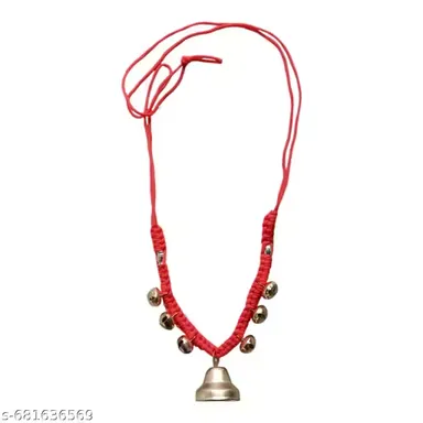Set of 3 Decorative Cow Neck Beads with Brass Bells for Cattle Ghoonghroo Mala Traditional Red Resham Thread Bell Necklace for Gaay Pujan and Indian Festive Rituals thumbnail 2