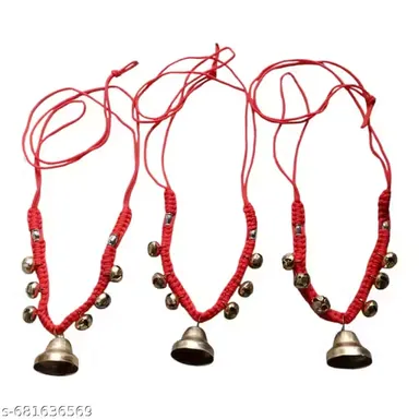 Set of 3 Decorative Cow Neck Beads with Brass Bells for Cattle Ghoonghroo Mala Traditional Red Resham Thread Bell Necklace for Gaay Pujan and Indian Festive Rituals thumbnail 3