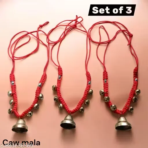 Set of 3 Decorative Cow Neck Beads with Brass Bells for Cattle Ghoonghroo Mala Traditional Red Resham Thread Bell Necklace for Gaay Pujan and Indian Festive Rituals image 1